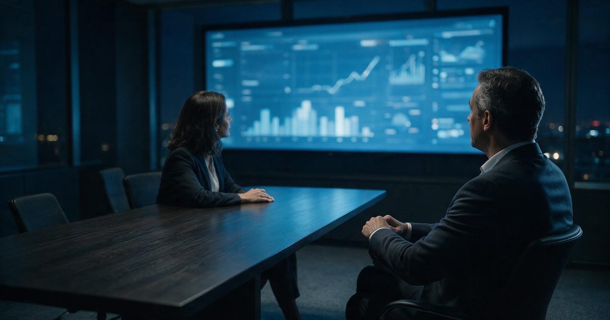 Executivos analisando gráficos de um painel de indicadores em uma tela durante reunião