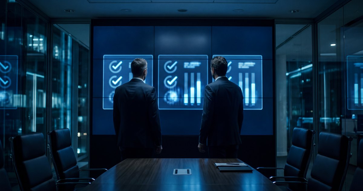Sala de reunião executiva à noite com propostas de consultoria comparadas em um painel digital