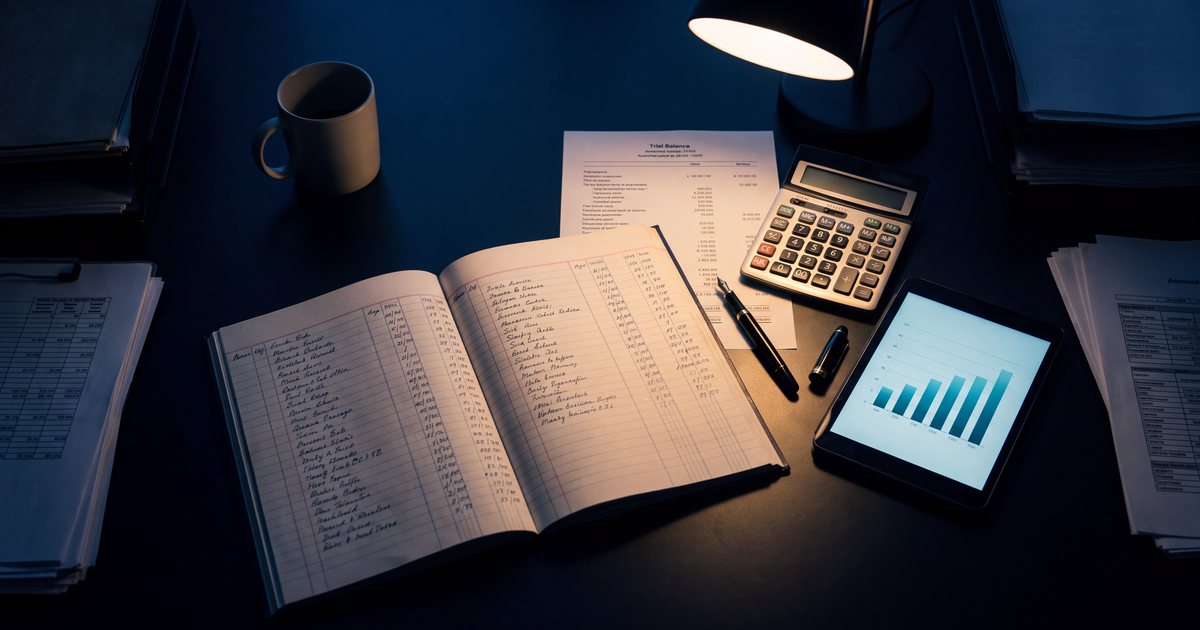 Vista de cima de uma mesa de contabilidade à noite, com livro razão aberto, balancete impresso, calculadora e tablet sob a luz de uma luminária