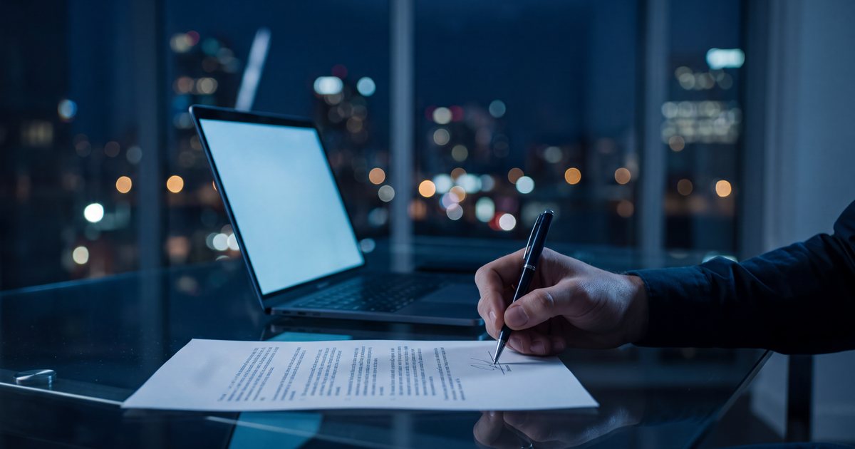 Mão assinando um contrato sobre uma mesa de vidro à noite, com a luz azul de um notebook ao lado