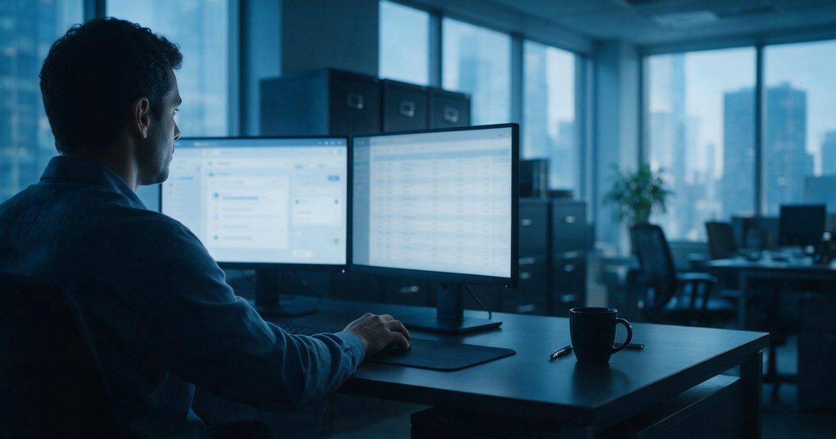 Profissional revisando uma lista de verificação em duas telas de computador em um escritório