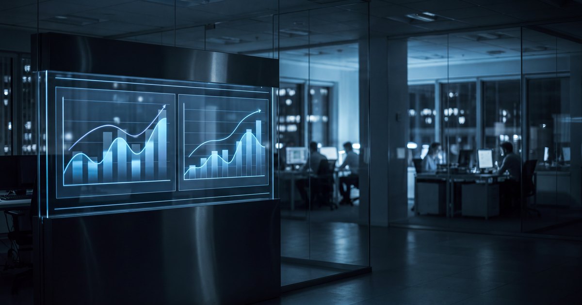 Escritório corporativo à noite com uma equipe de tecnologia ao fundo e um painel com a comparação de custos em gráficos abstratos
