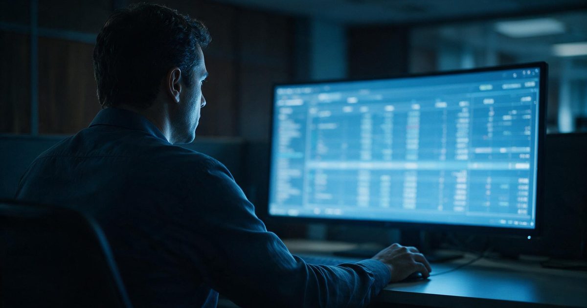 Profissional analisando uma tabela de dados fiscais na tela do computador em um escritório com luz baixa