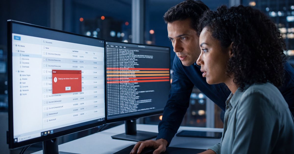 Analista fiscal e especialista de TI analisando uma mensagem de erro no monitor, com uma lista de registros na outra tela, à noite