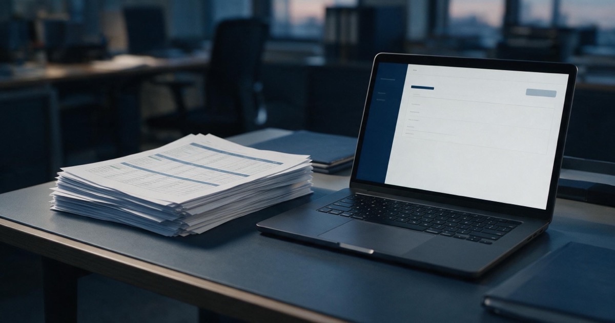 Pilha de planilhas impressas ao lado de um notebook com um relatório organizado, em escritório no fim da tarde