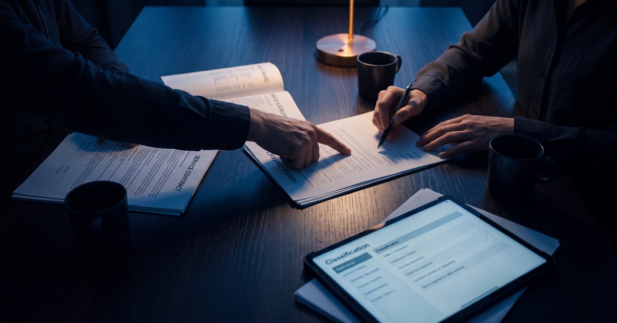 Vista de cima de uma mesa de reunião à noite com contratos de serviço impressos, um tablet com uma lista e duas pessoas apontando um item do documento