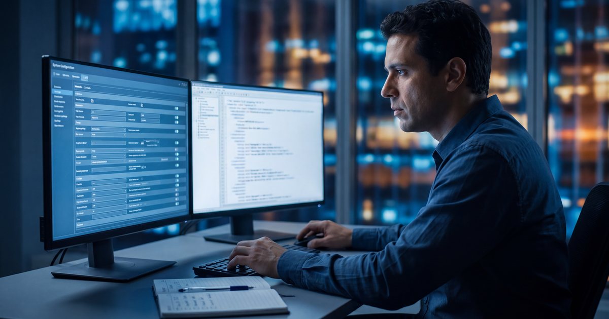 Consultor configurando parâmetros de sistema em um monitor, com um documento estruturado no segundo monitor, à noite
