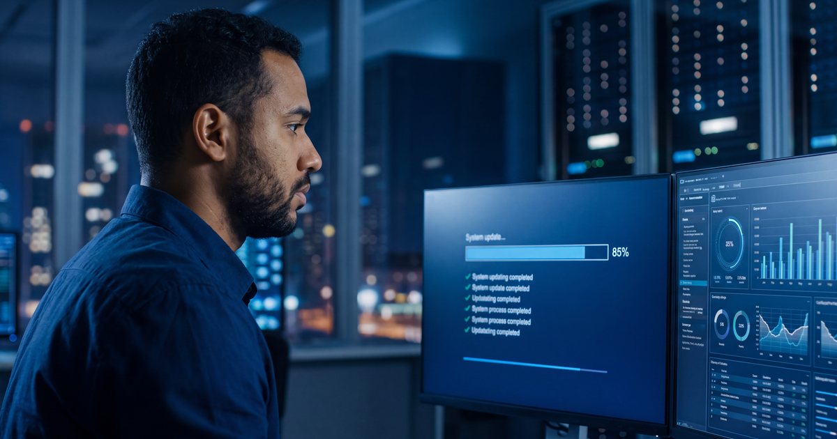 Analista acompanhando a atualização de um sistema em um monitor, em uma sala de TI à noite