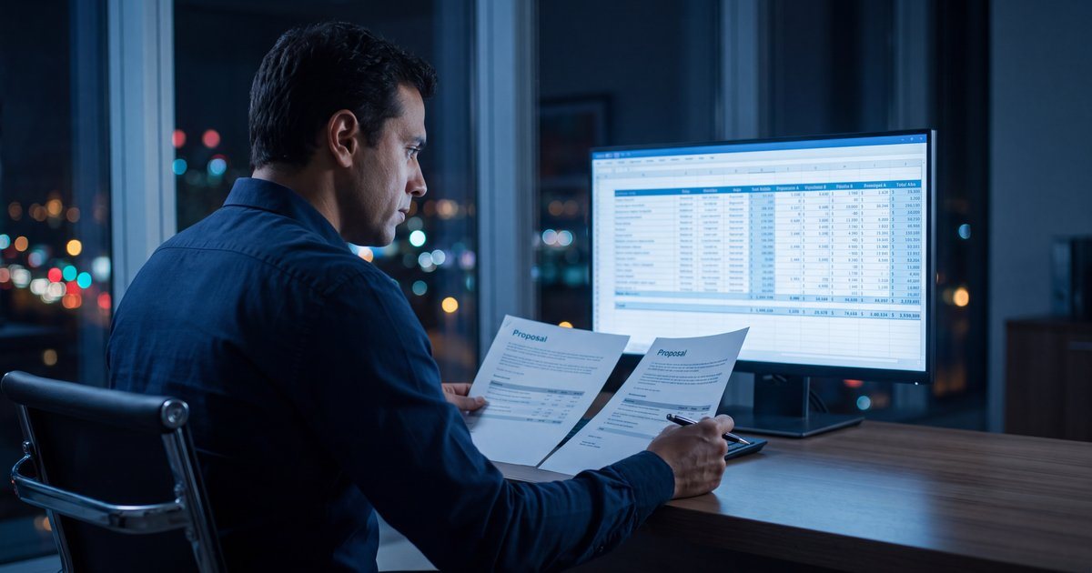 Gestor analisando propostas de consultoria impressas ao lado do notebook com o ERP aberto