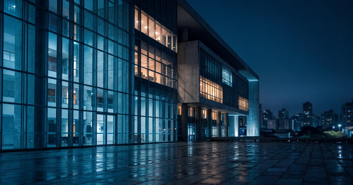 Fachada de uma prefeitura moderna à noite vista de uma praça com piso molhado refletindo as luzes