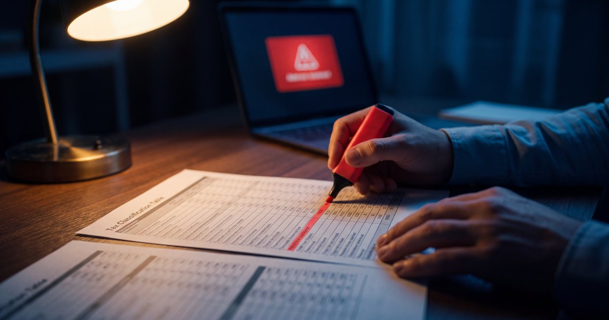 Mãos marcando em vermelho uma linha de uma tabela de classificação tributária impressa, com um alerta na tela do notebook ao fundo