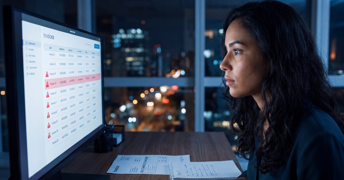 Analista fiscal conferindo no monitor uma lista de notas com alertas de rejeição, em um escritório à noite