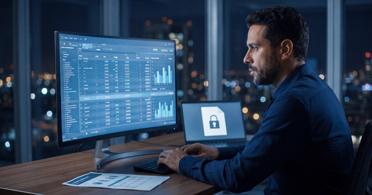 Gestor financeiro analisando um painel de relatórios no monitor, com um documento bloqueado no notebook ao lado
