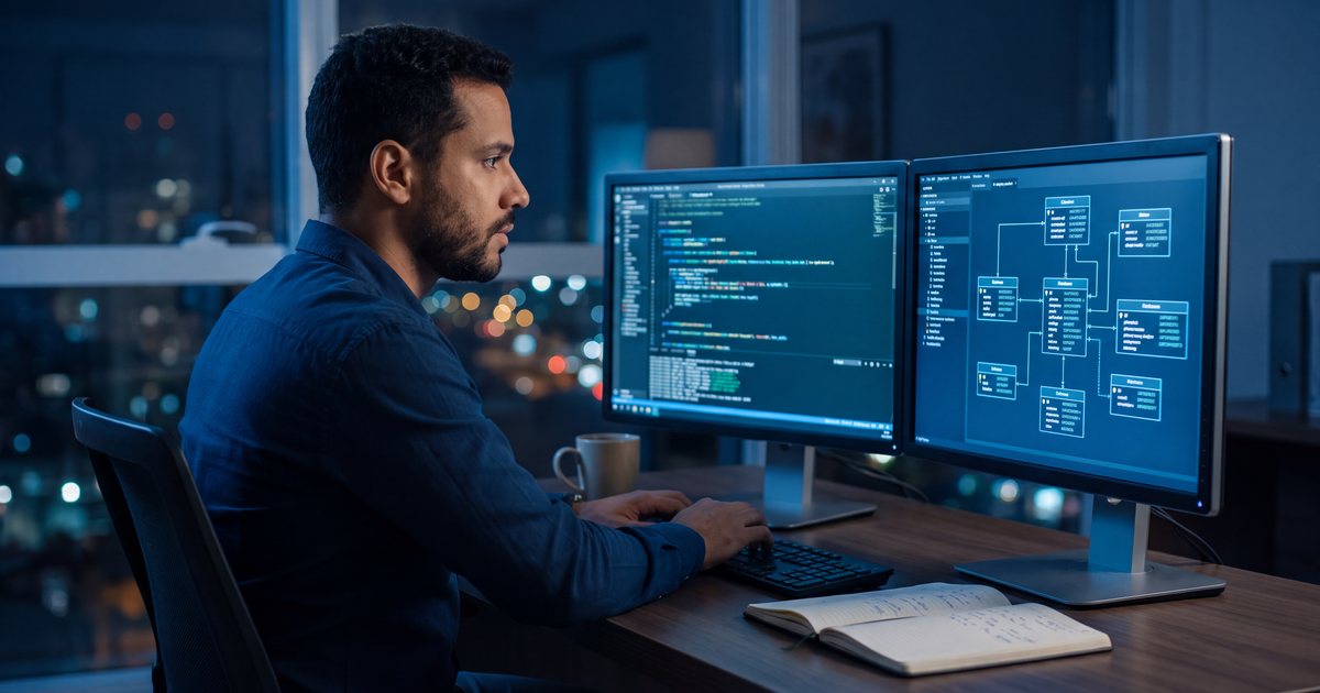 Desenvolvedor revisando código-fonte e um diagrama de tabelas relacionadas em dois monitores, à noite