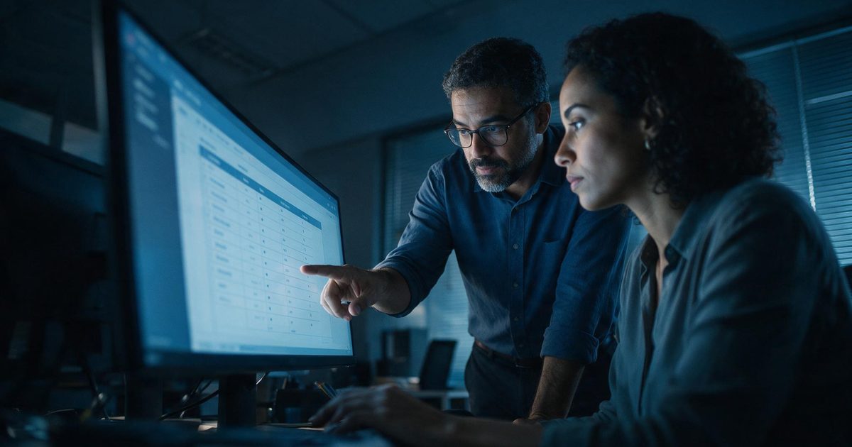 Dois profissionais conferindo juntos uma tabela de configuração na tela do computador em um escritório
