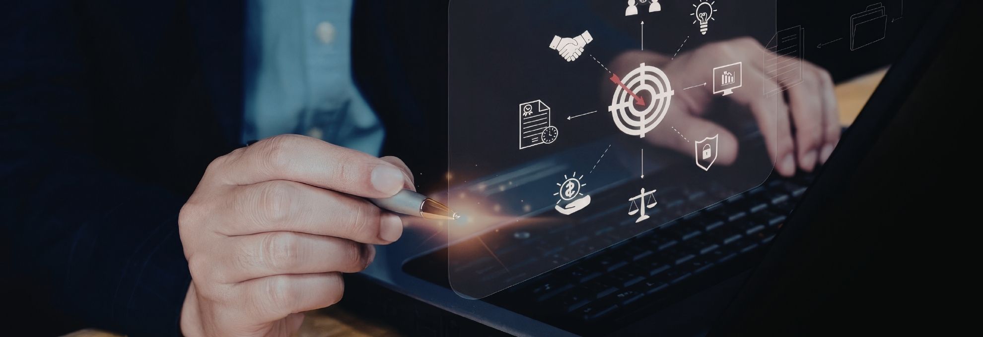 Interface de governança com indicadores e controles sobre notebook
