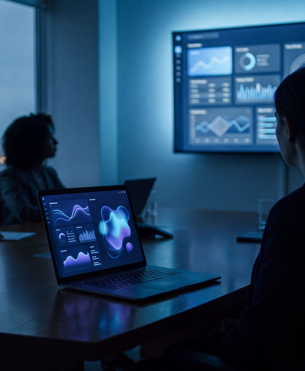 Reunião executiva à noite, com notebook e painel de acompanhamento mensal em tela