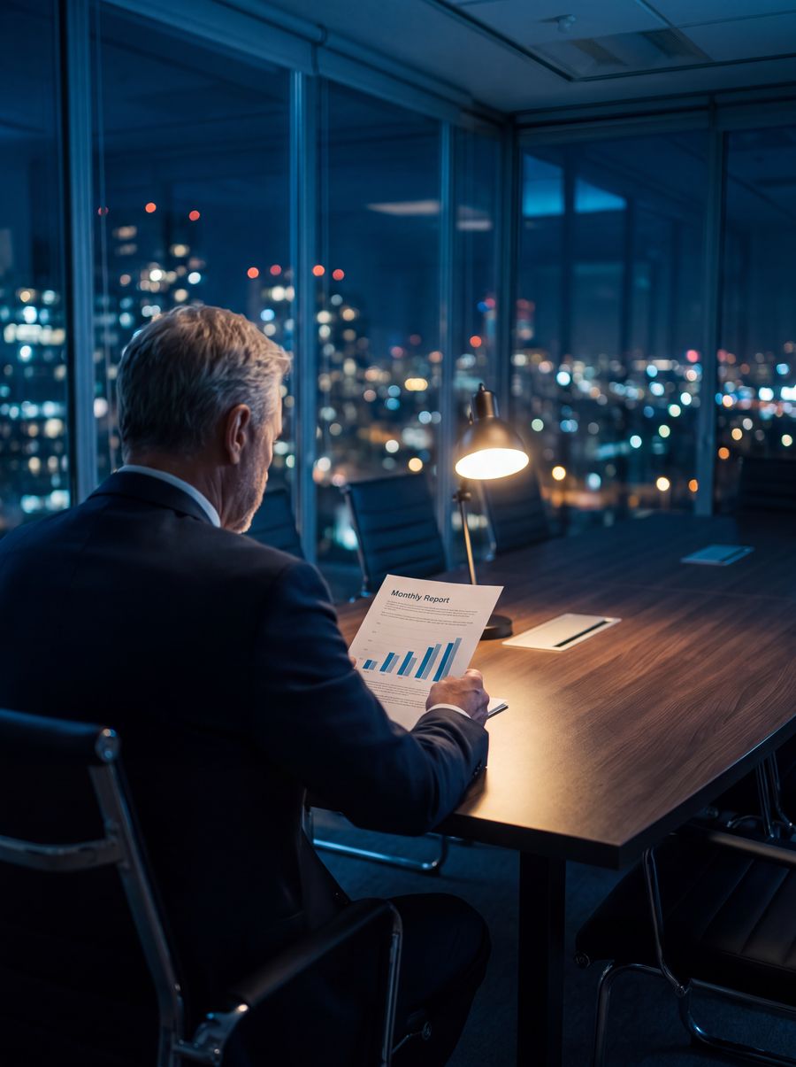Executivo lendo o relatório mensal numa sala de reunião envidraçada à noite