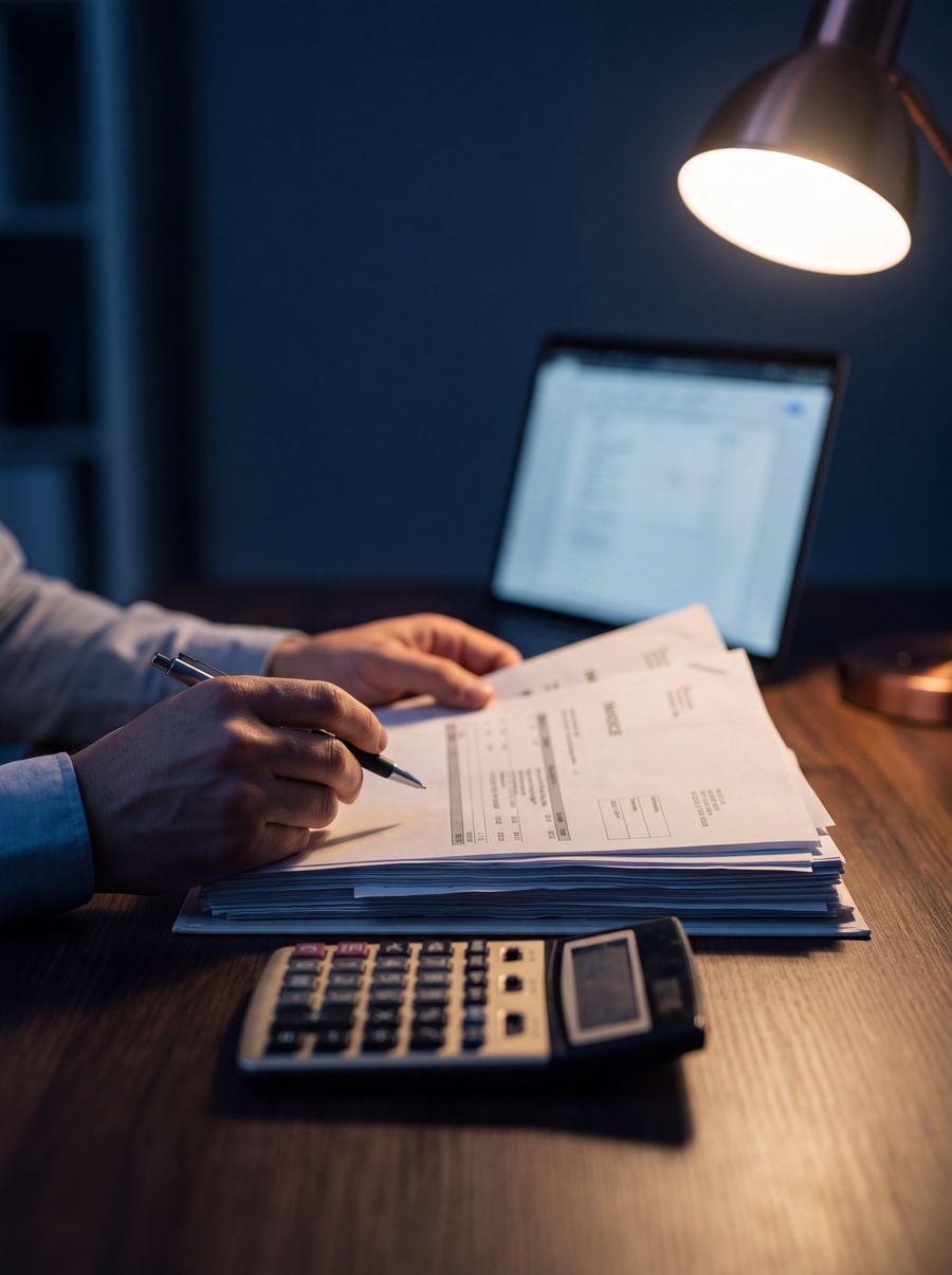 Conferência de notas fiscais impressas com calculadora no fechamento