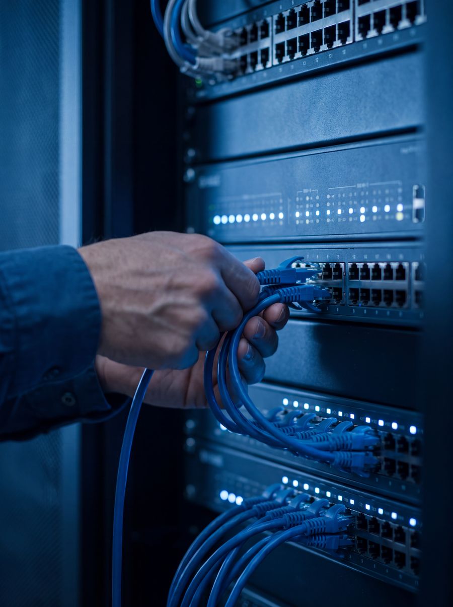 Mãos conectando um cabo de rede no rack de servidores