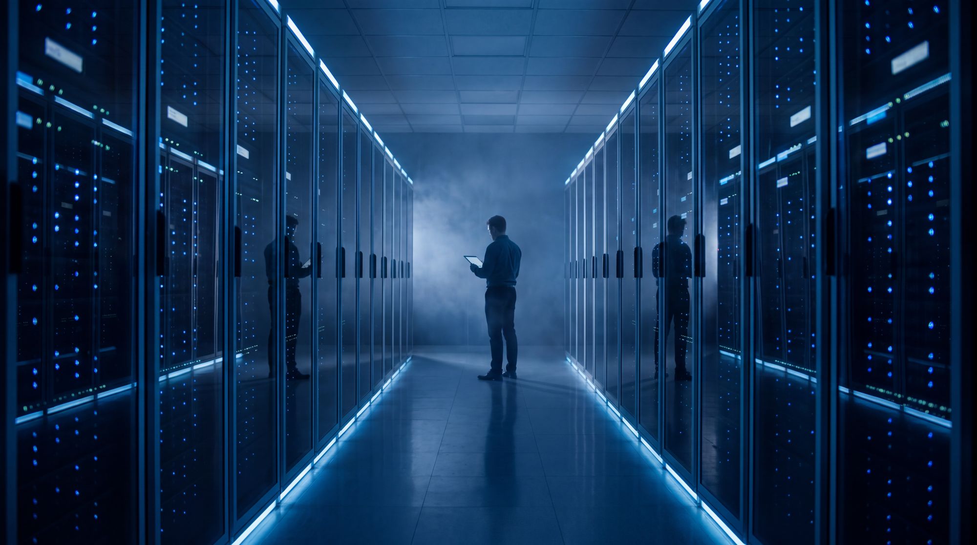 Corredor de data center à noite com um técnico verificando o ambiente no tablet
